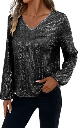 Generic Sparkly Tops for Women Sexy V Neck Glitter Blouse Long Sleeve Festival Evening Party Sequin Tops Black M