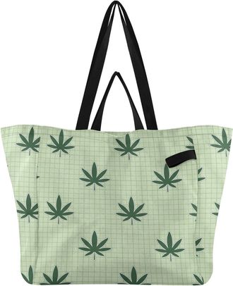 Generic Flower Leaves Green print Reusable Canvas Tote Bag, Heavy Duty Grocery Shopping Bag with Large Capacity Hard Bottom Double Handles Work Groceries Trav