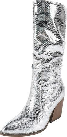 Generic Womens Pointed Toe High Chunky Block Heel Mid Calf Winter Boots Comfortable for Women with Side Zipper Fashion Slouchy Boots Silver