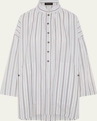 Eskandar Sloped Shoulder Wide A-Line Artists Smock With Pleated Collar - Long Plus Length