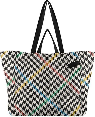 Generic Houndstooth Colorful Stripe pattern Reusable Canvas Tote Bag, Heavy Duty Grocery Shopping Bag with Double Handles Hard Bottom Large Capacity Work Groc
