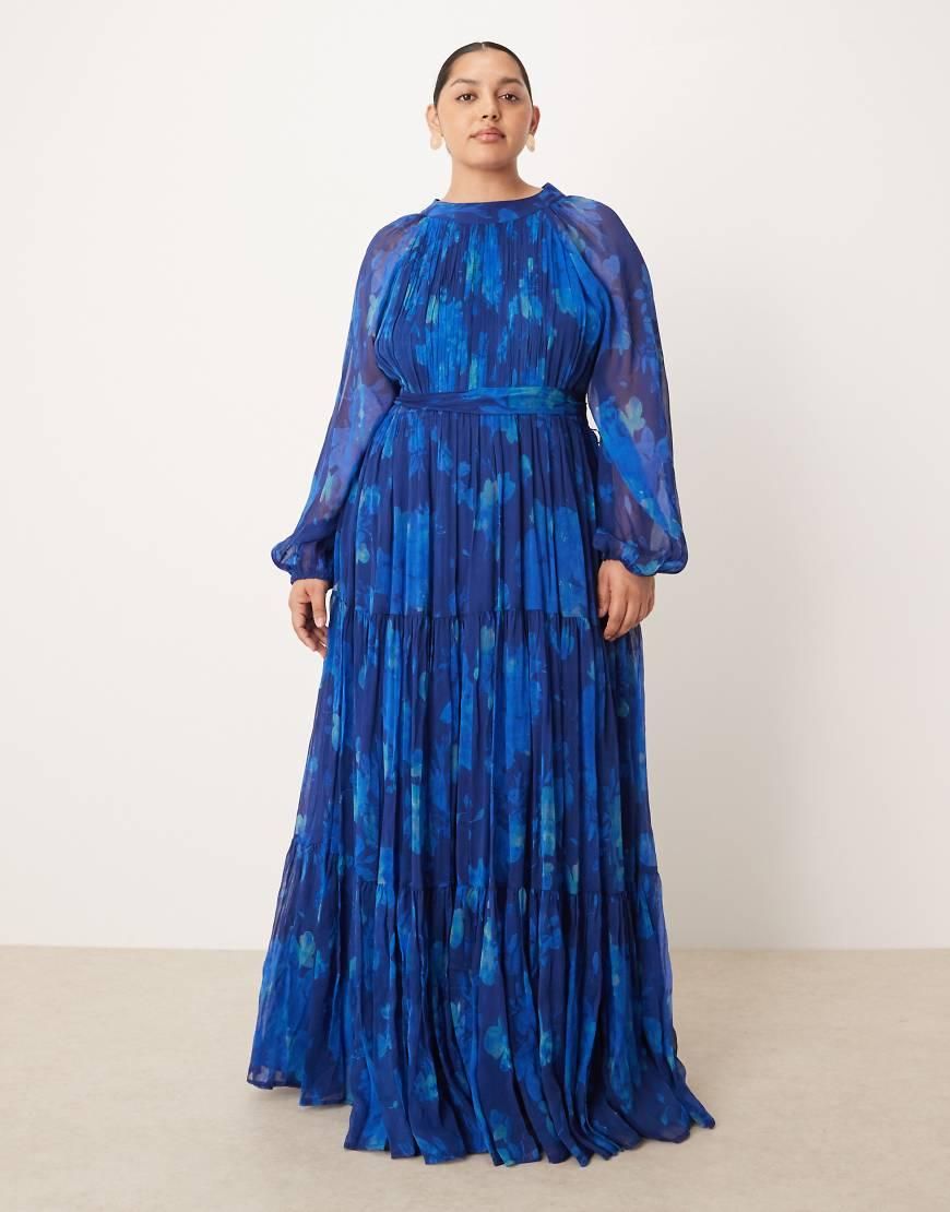 Lace Beads Plus Vestito lungo in chiffon blu cobalto a fiori con