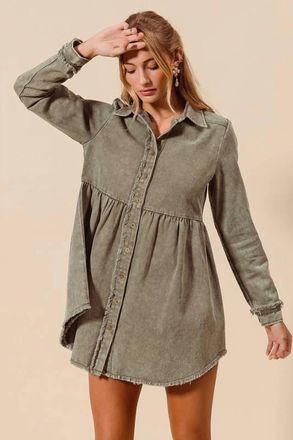 So Me Washed Twill Button Down Shirt Mini Dress In Vintage Olive