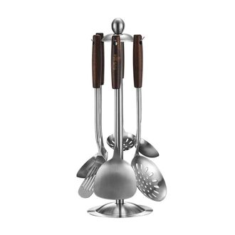 OEM Juego De 7 Utensilios De Cocina, Acero Inoxidable, Mangos De Madera, Soporte Giratorio De 360&deg;, Estante De Pared, Para Uso Dom&eacute;stico Y Profesional