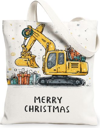 Generic Christmas Construction Canvas Tote Bags, Fun Heavy Machinery Pattern Reusable Grocery Bags, Vintage Lightweight Washable Sh, White, 13x15 Inch