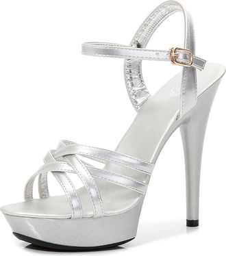 Generic Silver,3.5 UK,Womens Sandals Strappy Stiletto High Platform Heels Ankle Strap Open Toe Heeled Sandals Dress Shoes for Prom Wedding Party