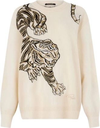 Roberto Cavalli Wollen trui met tijgermotief - Dames - Ronde hals truien - Beige - M - Wol - Truien & Vesten