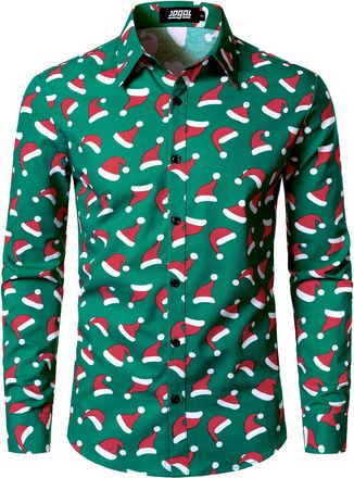 JOGAL Mens Fun Christmas Print Santa Claus Shirts Long Sleeve Button Up Dress Shirts Santa Green X-Large
