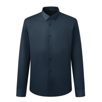 AlltheMen Mens Dress Shirt Long Sleeve No Iron Stretch Plain Shirts Business Formal Button Down Shirt Classic Fit Navy Blue S