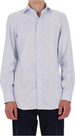 Finamore Camicia in cotone micro quadretto linea Milano - Heren - Zakelijke Overhemden - Blauw - XL - Katoen - Overhemden
