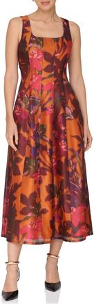Avec Les Filles Print Sleeveless Lantern Midi Dress in Jardin Paint at Nordstrom, Size 14