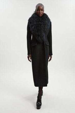 Karen Millen Womens Wool Detachable Fur Collar Tailored Double Breasted Midi Coat - Black - Size 10 UK