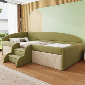 OEM Canap&eacute;-lit Rembourr&eacute; Multifonction 90x190 Cm Avec Marches Et Barri&egrave;res, Tissu Velours Doux,sans Matelas, Vert