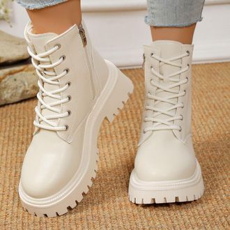 Generic Beige Ladies Casual Ankle Footwear with Front Lace Up and Side Zipper Suitable for Winter Activities Solid Color Round Toe Mid Heel Construction Every