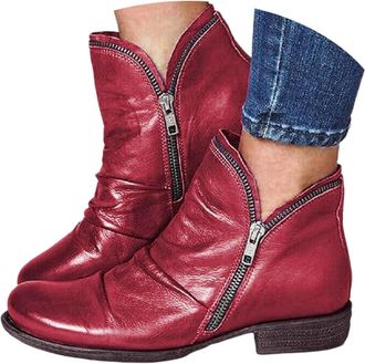 Generic Red Ankle Boots,Ankle Wellies Boots for Women Comfy Round Toe Side Zipper Winter Boot,Vintage Leather Casual Dressy Shoes Comfy Boot Flats Heels Zip M