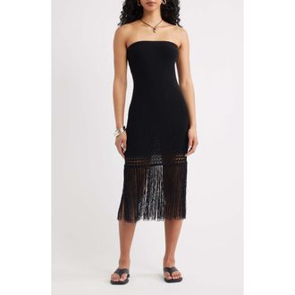 Open Edit Sewater Strapless Fringe Sweater Tube Dress in Black at Nordstrom, Size Xx-Small