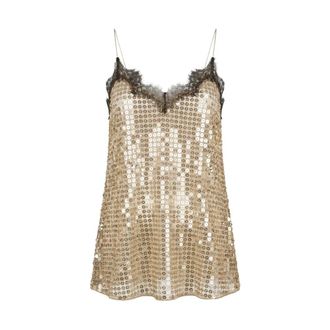 Roberto Cavalli Sleeveless Tops, female, Yellow, Size: XS Golden Top with Lace and Sequins