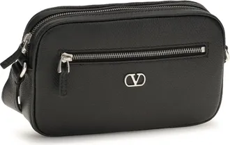 Valentino Garavani Mens Grained Leather Crossbody Bag With Zip Nero Calf Bos Taurus Shoulder