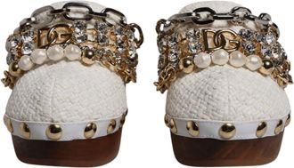 Dolce & Gabbana White Raffia Clogs Bejeweled Chain Sandals Womens Shoes