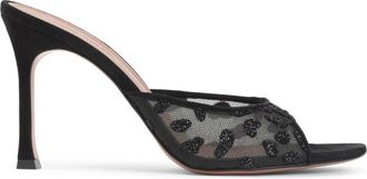 Amina Muaddi Black Embellished Mesh Heels