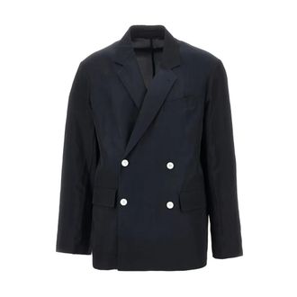 Emporio Armani Blazers, male, Blue, Size: M Linen-blend Double-breasted Jacket