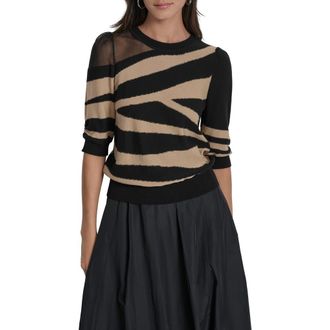 DKNY Zebra Stripe Three-Quarter Sleeve Sweater in Travertn M at Nordstrom, Size X-Small