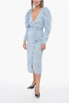 Rotate Sequin Wrap Midi Dress with Balloon Sleeves size 40