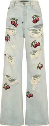 Philipp Plein Denim Broek Skater Fit Cherries Destroyed - Dames - Loose Fit Jeans - Blauw - W25 - Denim - Jeans