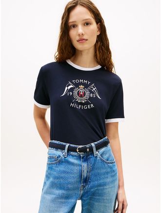 Tommy Hilfiger Womens Nautical Crest Logo Ringer T-Shirt - Navy - XXL