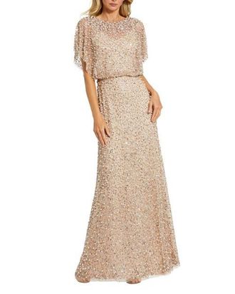 Mac Duggal Petite High Neck Short Sleeve Embellished Gown in Nude Gold at Nordstrom, Size 6P