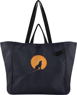 Generic White Horse Blue Wolf Orange Moon pattern Reusable Canvas Tote Bag, Heavy Duty Grocery Shopping Bag with Double Handles Large Capacity Hard Bottom Wor