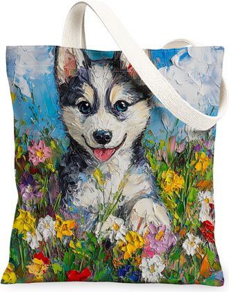 Generic Spring Husky Dog Canvas Tote Bag for Shopping 13x15, Oil Painting Wildflower Puppy Reusable Grocery Print Pattern Bag for Women, Fun Pet Beach Aesthet
