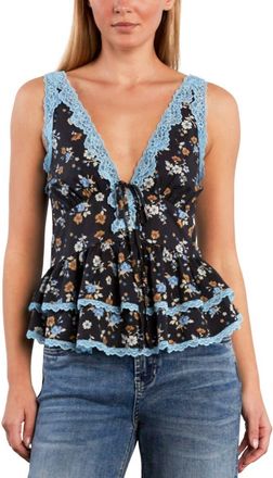BILLY T Lace Trim Cotton Blend Top in Black Retro Rose at Nordstrom, Size X-Small
