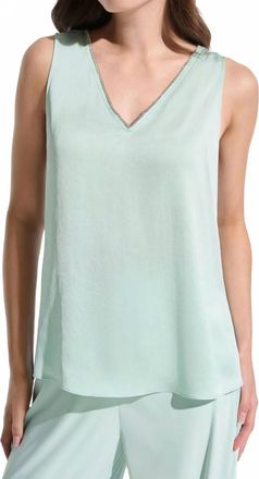 Joseph Ribkoff Rhinestone Trim V-Neck Satin Top In Pistachio