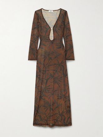 Sara Cristina Copricostume In Tulle Stretch Stampato Con Perla Marina - Marrone