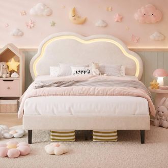 Merax 4ft6 Double Upholstered Bed with LED Adjustable Cloud Headboard in White