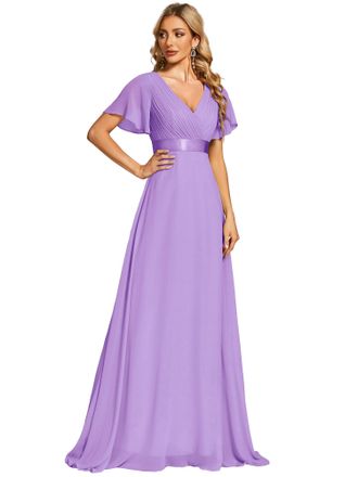 Ever-pretty Womens Double V-Neck Short Flutter Sleeves Empire Waist Elegant Chiffon Long Evening Dresses Lavender 18