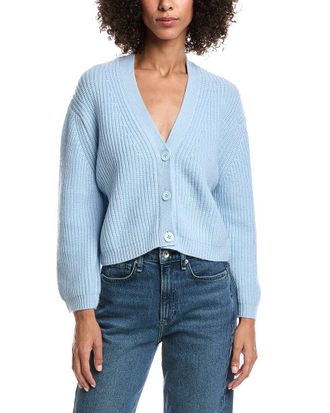 Forté Cashmere Wool & Cashmere-Blend Short Rib V-Neck Button Cardigan