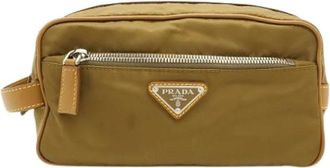 Prada Pre-owned Re-Nylon Triangle Logo Clutch Bag - Dames - Vintage Clutch - Bruin - ONE Size - Nylon - Vintage