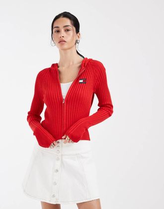 Tommy Jeans Cardigan rosso a coste con cappuccio