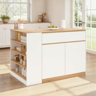 IDMarket Isla Central Tomi 130 Cm Para 2 Personas Con Doble Encimera De Madera Blanca Y Encimera Efecto Haya