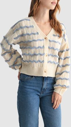 All in Favor Wavy Stripe Pointelle Cardigan in Cream Blue at Nordstrom, Size Medium