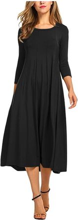 Generic Black Dress Long Casual Solid Round Dress Mid Calf Sleeve Womens Neck Dress Swing Womens Dress 11111 Dresses for Women UK (Black, XXL)