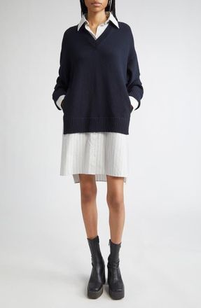 Stella McCartney Long Sleeve Mixed Media Wool, Silk & Cotton Dress in 4000 - Navy at Nordstrom, Size Xx-Small