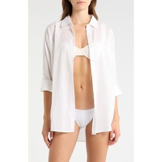 Elan Evil Eye Print Button-Up Cover-Up Shirt in White Heart at Nordstrom, Size Medium