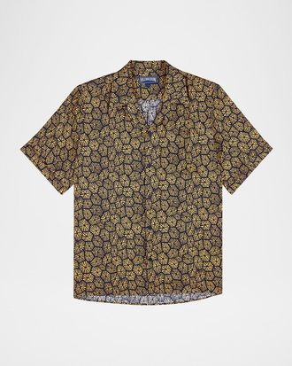 Vilebrequin Mens Linen Flower-Print Camp Shirt