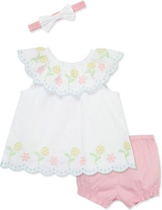 Little Me Cotton Eyelet Dress, Bloomers & Headband Set in White/pink at Nordstrom, Size 12M