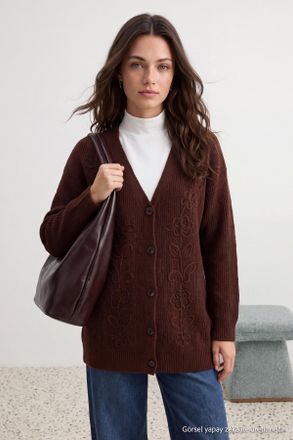 Trendyol Modest Dames Bruin Geborduurd Driekwart mouw Oversized Modest Vesten