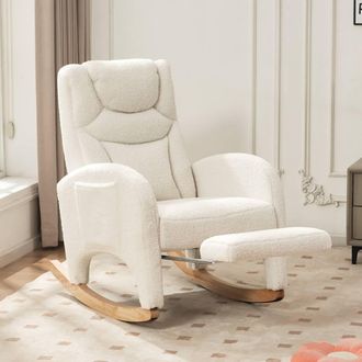 Direct Wicker Teddy Fabric Foam Upholstered Rocking Chair with Pull-out Footrest in White | Size: 1 Pack