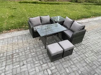 Fimous Outdoor Garden Furniture Sets 6 Pieces Wicker Rattan Furniture Sofa Sets with Rectangular Dining Table in Dark Grey